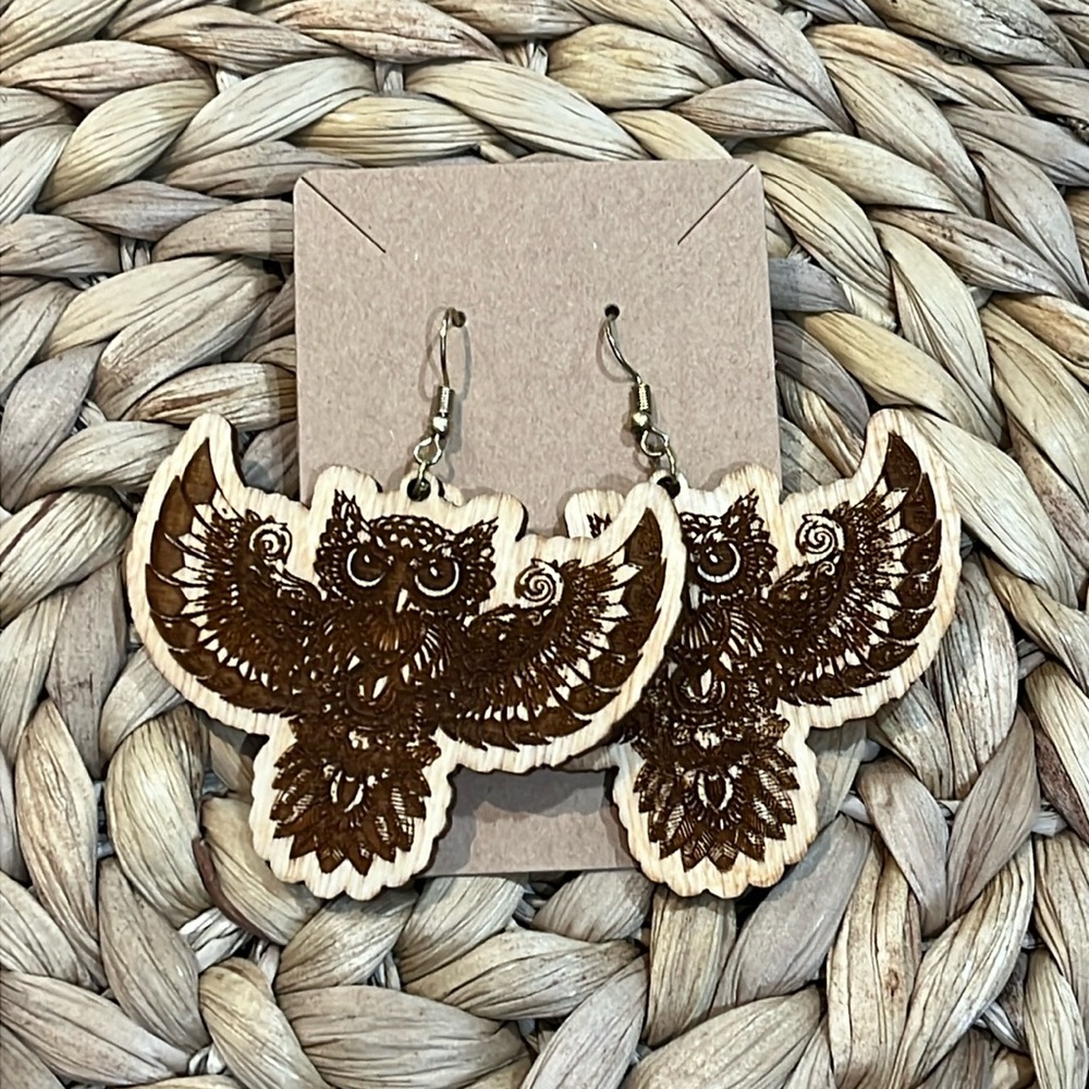 Artisan Made Wooden Owl Flying Earrings Boho Western Avant Garde Natural
